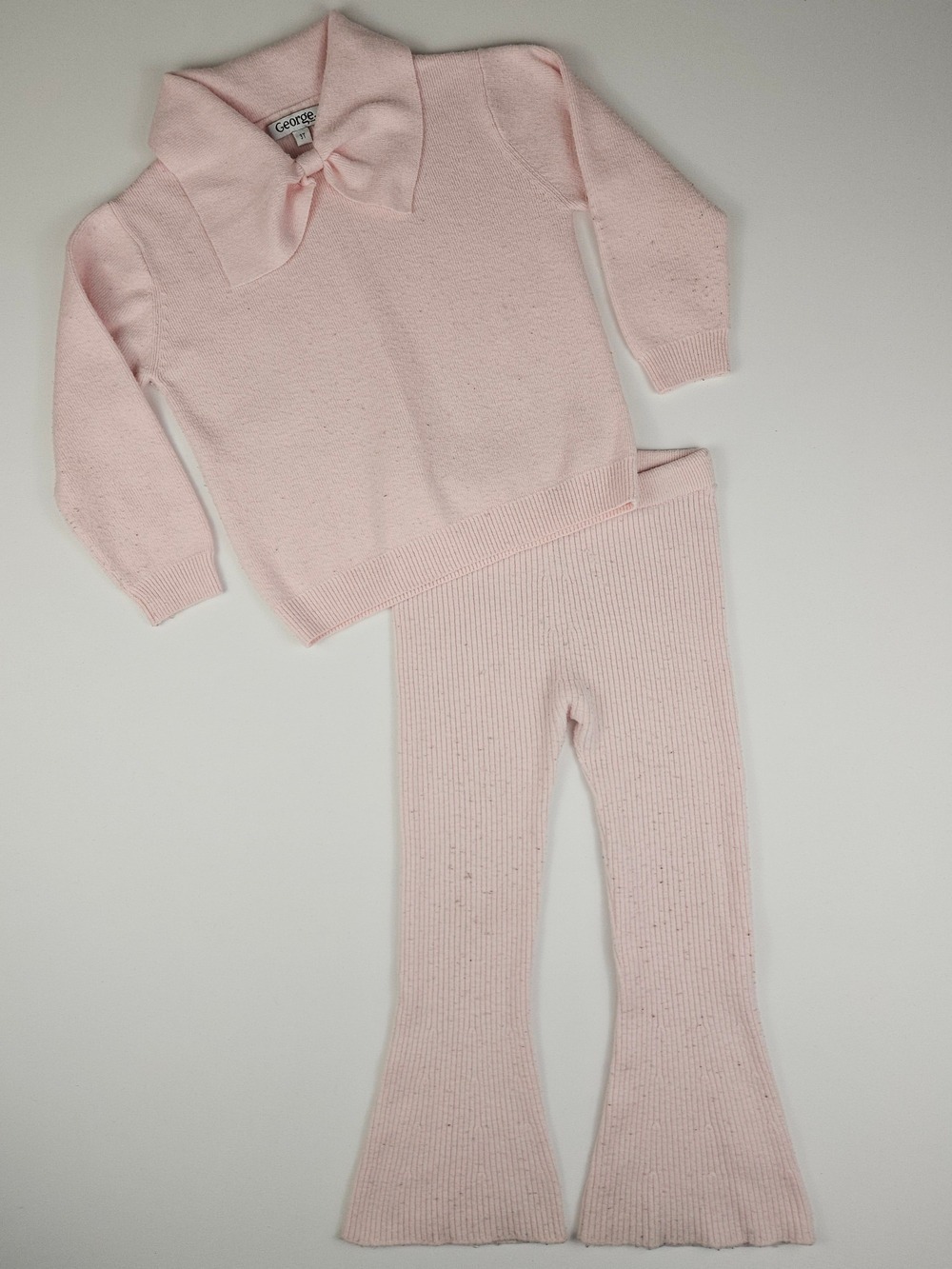 5/$25 Toddler Girls Pink Knit Bow Sweater & Flare Pants Set 3T George